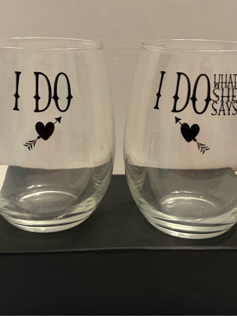 Brand New "I Do / I Do What She Says" Jumbo 21oz Stemless Wine Glass Set (NIB)